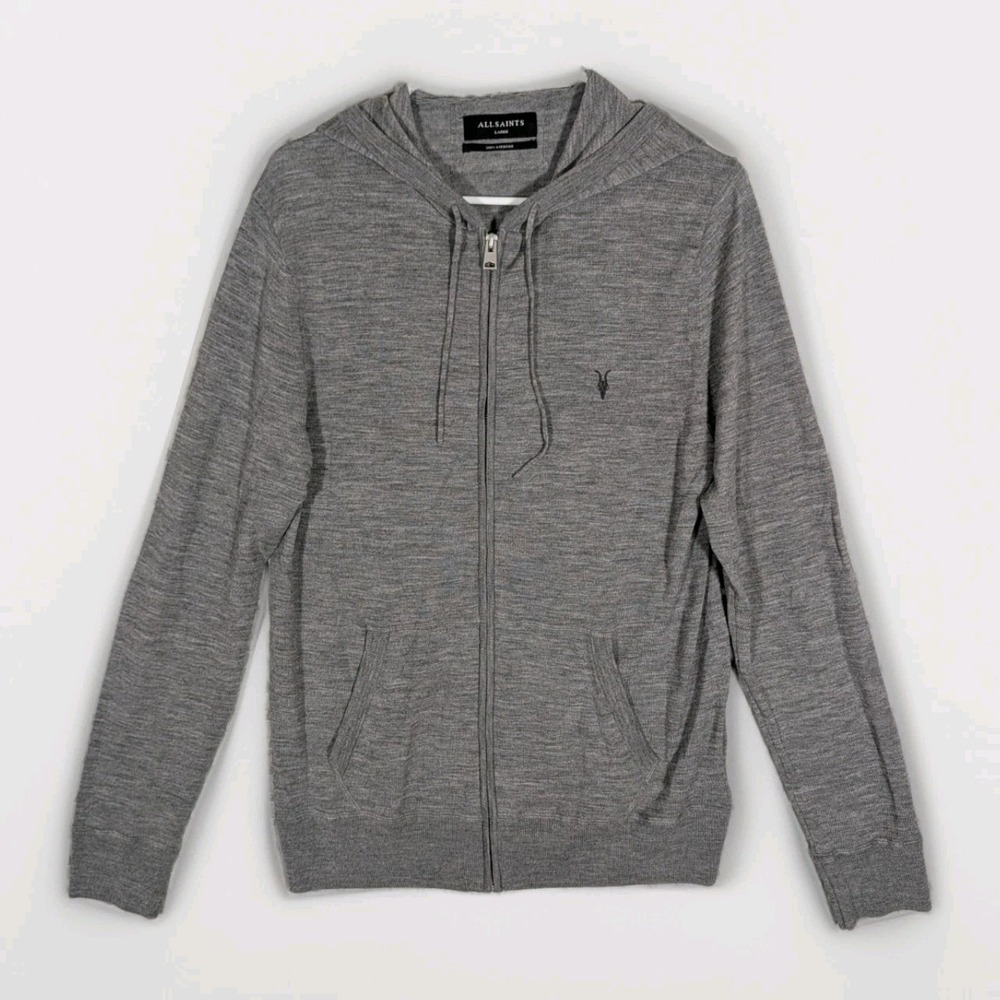All Saints Full Zip Wool Hoodie Men's Large Gray Mode 100% Merino Slim Fit EUC